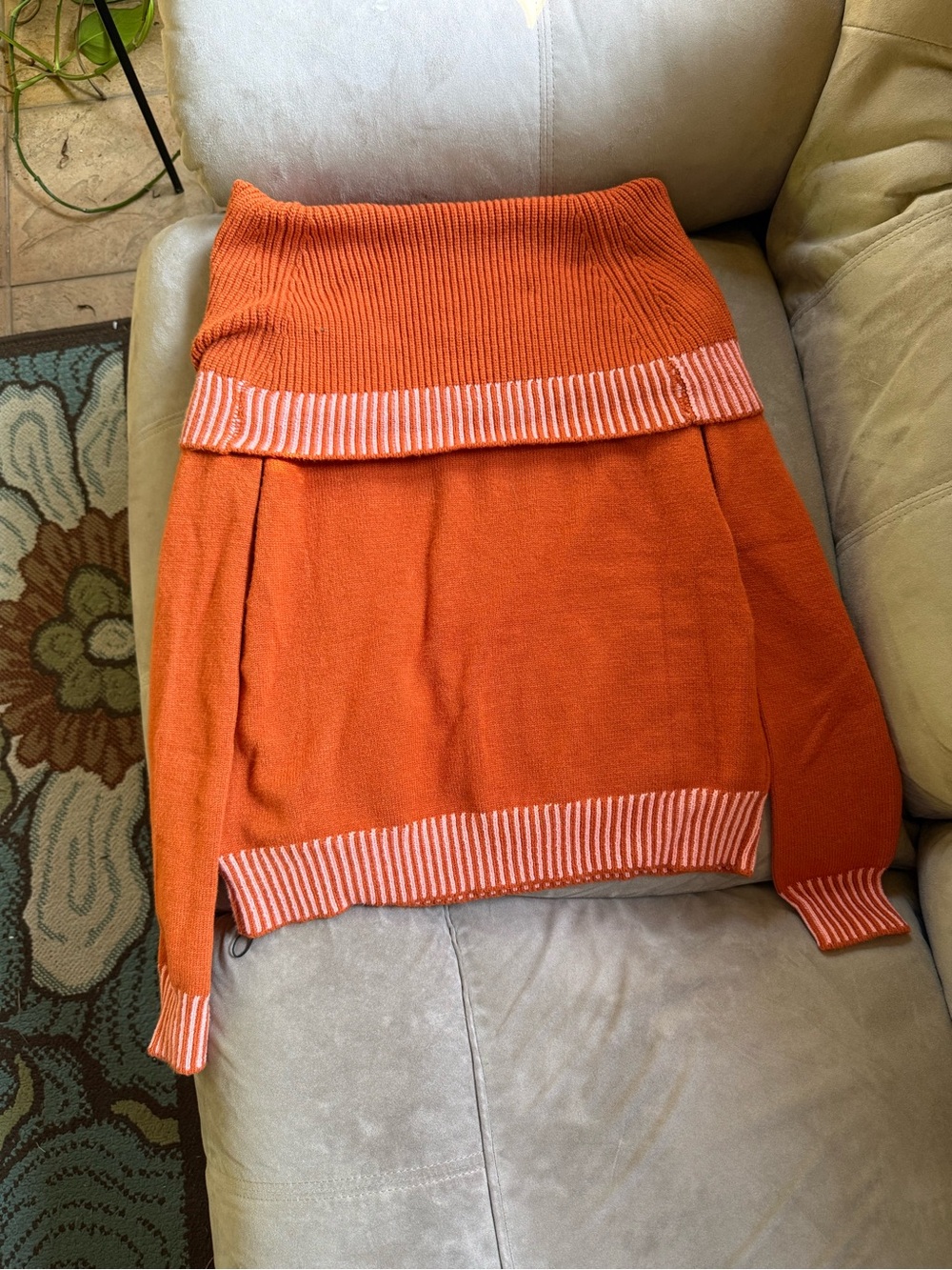 Zaful Orange Knit Off-Shoulder Sweater with striped trim NWT